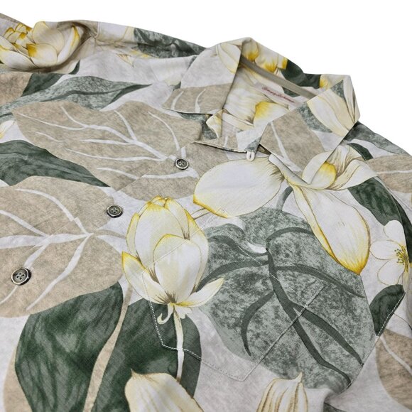 Tommy Bahama 100% Silk Hawiian‎ Shirt Size Large Men's Tan Green Floral Print - Picture 1 of 6